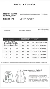 Men PU leather jacket size guide table with measurements for M to 4XL and sizing details