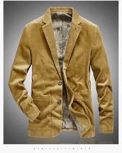 Detail of corduroy blazer featuring notched lapels and maple leaf camo print lining