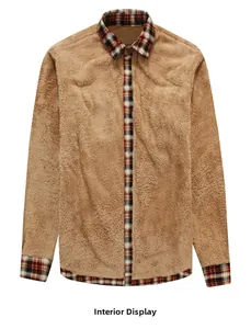 Close-up of the thick brown lamb velvet lining on a winter plaid cotton shirt