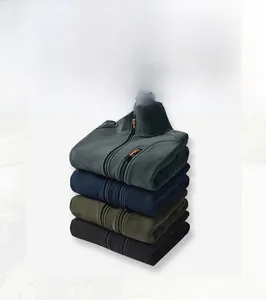 Vertical stack of men's fleece vests in dark grey, navy, army green, and black colors
