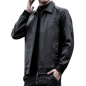 Classic men's black PU leather jacket with shirt collar and embossed metal zipper