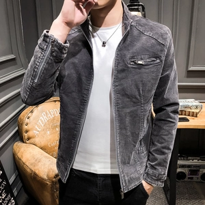 Men's vintage grey wash denim jacket with stand collar and zipper detail in casual style