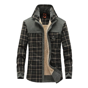 Detailed view of winter warm flannel shirt with sherpa lining and corduroy collar trim