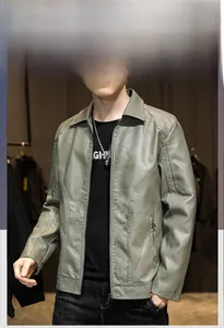 Close-up of a slim fit men's faux leather jacket in grey-green with metal zipper details