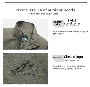 Détail de gilet outdoor avec col montant, broderie et doublure en maille respirante