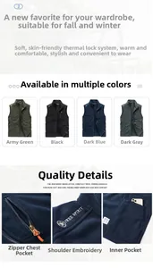 Detail of men's fleece vest featuring zip pockets, inner pocket and embroidery