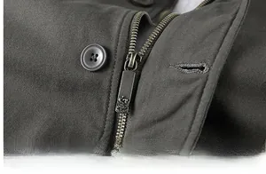Close-up of premium metal zipper with crown emblem and durable canvas coat texture
