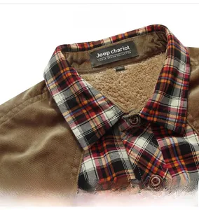 Detail of shoulder stitching with plaid collar and warm fleece lining on thick shirt