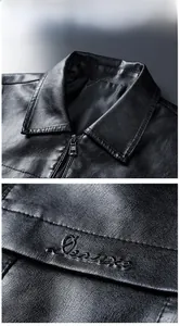 Detail of men's black PU leather biker jacket showing zipper and embossed Classic logo