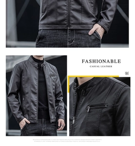Détail d'une veste en cuir noir ajustée avec col montant et finition de texture riche