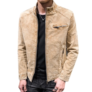 Men's vintage light khaki canvas jacket with stand collar and zipper pockets