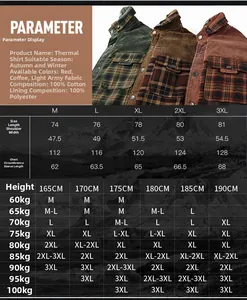 Detailed size chart for men's thermal flannel cotton shirt with fitting suggestions