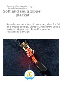 Detailed macro shot of a durable bronze zipper and orange puller on a blue fleece vest