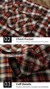 Detail view of red plaid shirt showing the chest pocket and buttoned sleeve cuffs