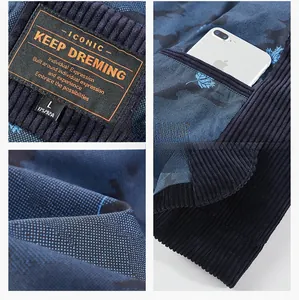 Detail view of navy blue corduroy jacket fabric, ribbed cuffs and utility pockets