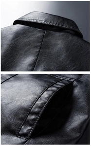 Detail of the stitching on black faux leather motorcycle jacket collar and side pockets
