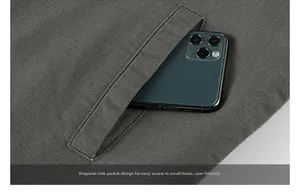 Detail of deep gray winter coat showing functional side pocket with a smartphone inside