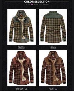 Detail of men's plaid shirt with thick fleece lining and warm cotton fabric texture