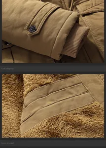 Détail de la parka d'hiver marron montrant les poignets côtelés et la doublure en peluche