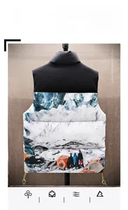 Detail view of winter men's padded vest featuring snow mountain print and drawcord hem