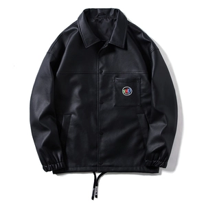 Men PU Leather Jacket Lapel Coach Jacket Letter Printed Drawstring Hem Casual Loose Fit Streetwear Outwear Coat