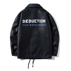 Men's black faux leather lapel jacket with white Deduction printed text on back