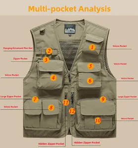 Detail view of a multi-pocket outdoor vest with 12 functional storage pockets and zippers