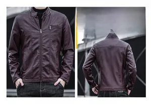 Vue détaillée du blouson en cuir bordeaux avec fermetures éclair et col montant moderne