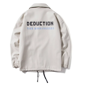 Men's grey coach jacket with DEDUCTION back print and turndown collar street style