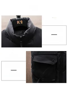 Detail view of the black puffer vest featuring a stand collar and side flap pockets