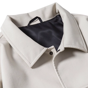 Men's slim fit cream leather jacket with lapel collar and premium textured finish