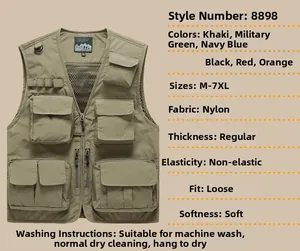 Detail view of khaki multi-pocket utility vest with nylon fabric and functional zippers