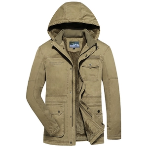 Men Hooded Jacket Cotton Fabric Fleece Lined Thickened Winter Coat Outdoor Warm Windproof Multi Pockets Workwear Style Casual Overcoat
