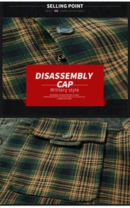 Close-up of military style plaid warm cotton shirt with metal snaps and cargo pockets