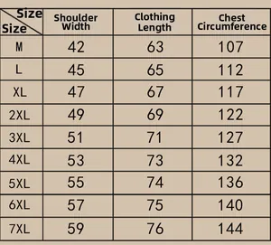 Size chart table for lightweight outdoor multi-pocket vest from M to 7XL dimensions
