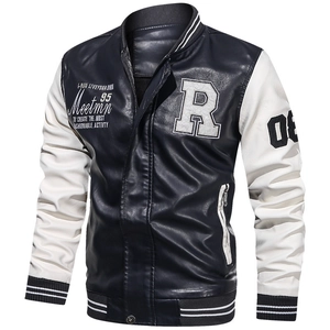 Giacca Varsity da Uomo in Pelle PU Stile Retro Americano Ricamo di Lettere Baseball Colletto in Piedi Contrasto Colore Cappotto Casual