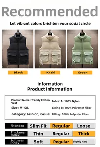 Men's padded vest size chart and color options in black, khaki, and green nylon fabric