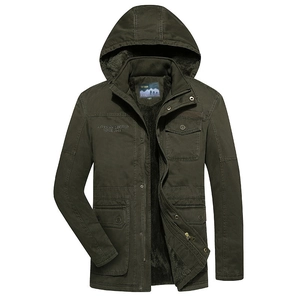 Men's olive green thermal fleece-lined hooded military parka with multiple pockets