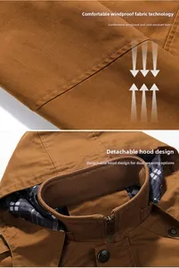 Détails de la veste en coton pour homme montrant le tissu coupe-vent et la capuche amovible