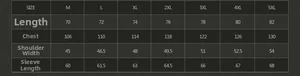 Men's washed jacket size chart with length, bust, and shoulder measurements from M to 5XL