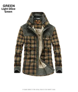 Detail of green plaid shirt with warm faux fleece lining and corduroy collar trim