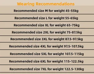 Size chart table for lightweight outdoor vest showing weight recommendations from M to 7XL