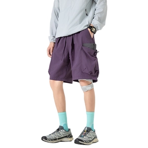 Men's purple cargo shorts with elastic drawstring waist and side tactical pockets