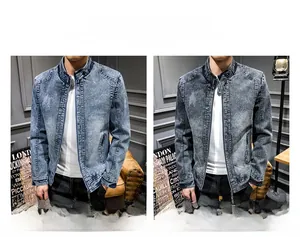 Detail view of men's slim fit denim jackets in blue and black colors with stand-up collars