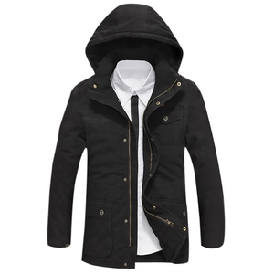 Men's black mid-length fleece hooded parka with utility pockets and a standing collar