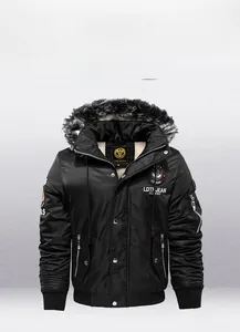 Detail view of winter hooded leather jacket with fleece lining and embroidered patches