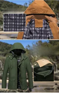 Détail de la veste à capuche avec col montant coupe-vent et doublure à carreaux noir blanc