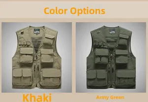 Detail of multi-pocket outdoor vest in khaki and army green with mesh lining