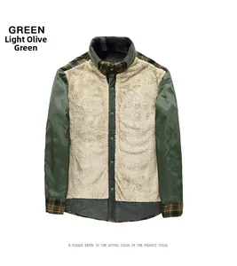 Flat lay detail of men's fleece-lined plaid shirt with light army green corduroy sleeves