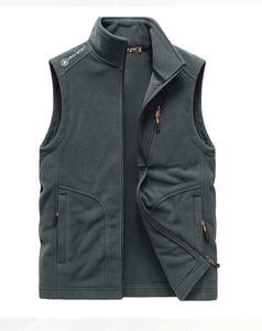 Detail view of the stand-up collar and high-quality fleece texture on this men's vest
